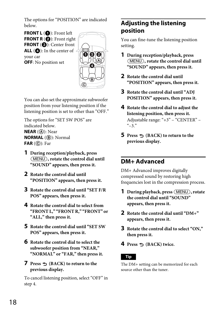 Adjusting the listening position, Dm+ advanced | Sony CDX-GS500R User Manual | Page 18 / 160