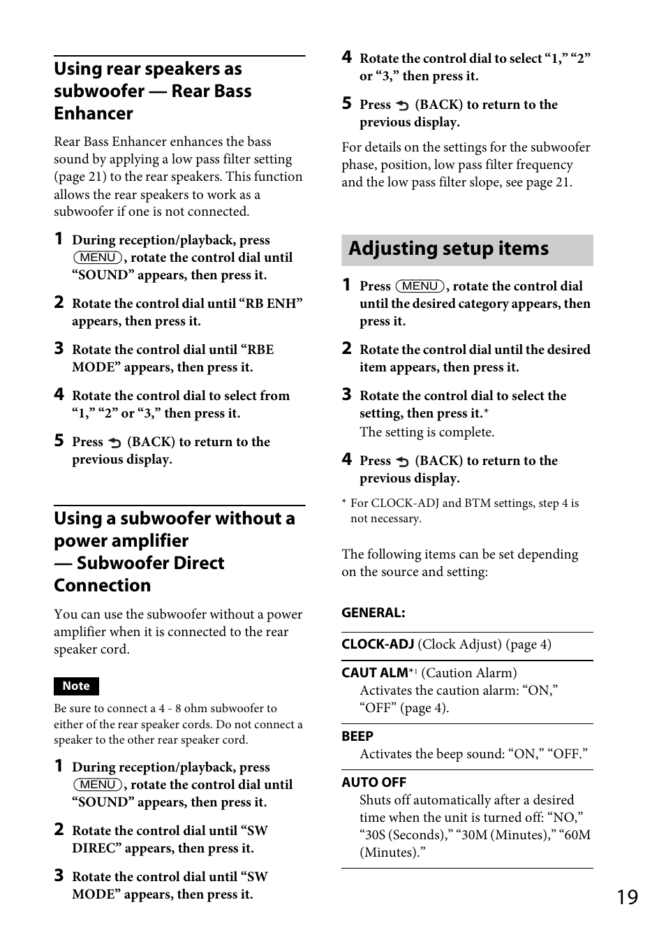 Adjusting setup items | Sony CDX-GS500R User Manual | Page 19 / 160