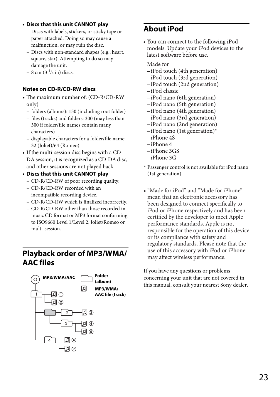 Playback order of mp3/wma/ aac files about ipod | Sony CDX-GS500R User Manual | Page 23 / 160