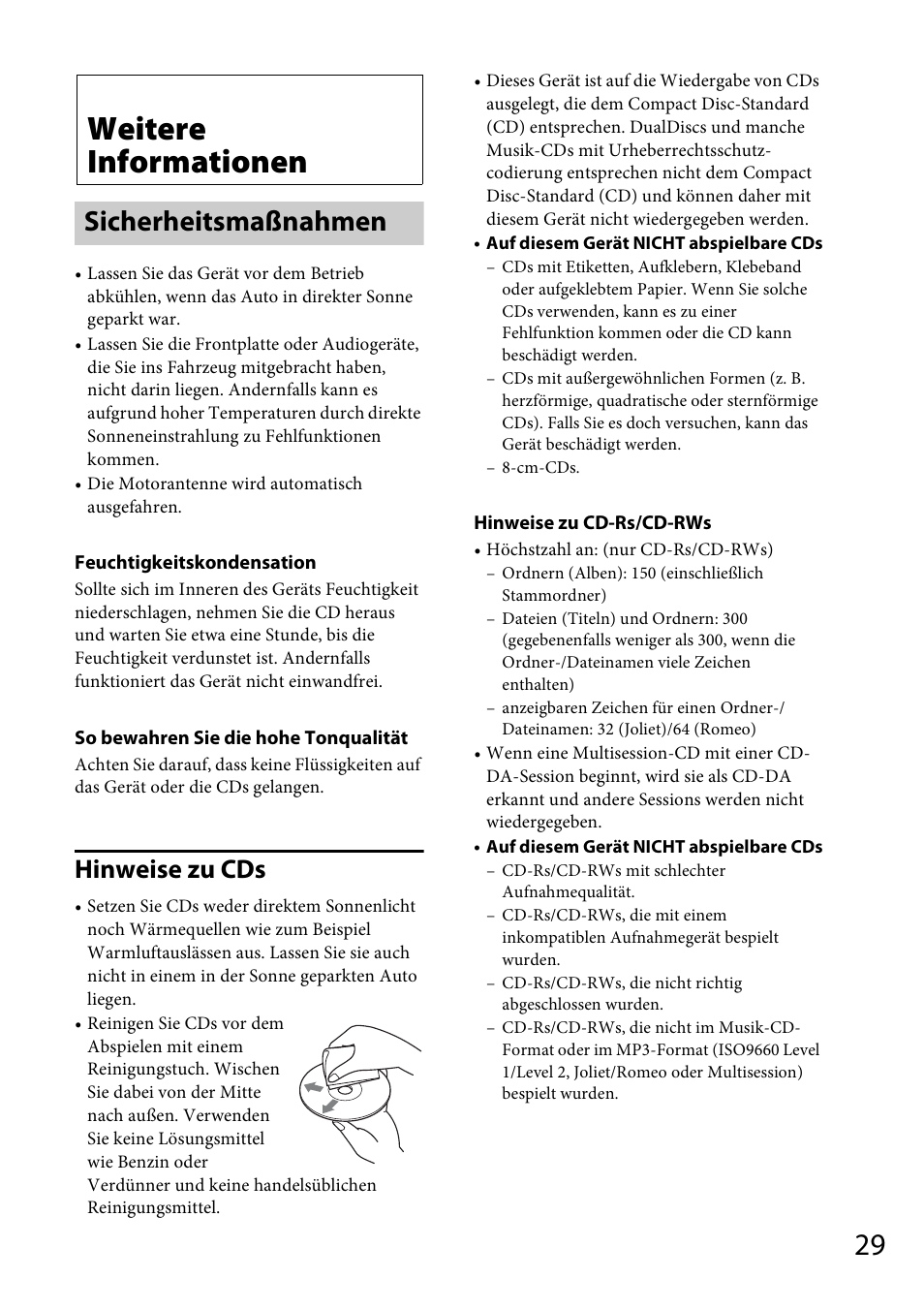 Weitere informationen, Sicherheitsmaßnahmen, Hinweise zu cds | Sony CDX-GS500R User Manual | Page 57 / 160