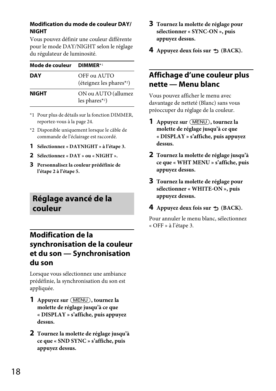 Réglage avancé de la couleur, Affichage d’une couleur plus nette — menu blanc | Sony CDX-GS500R User Manual | Page 80 / 160