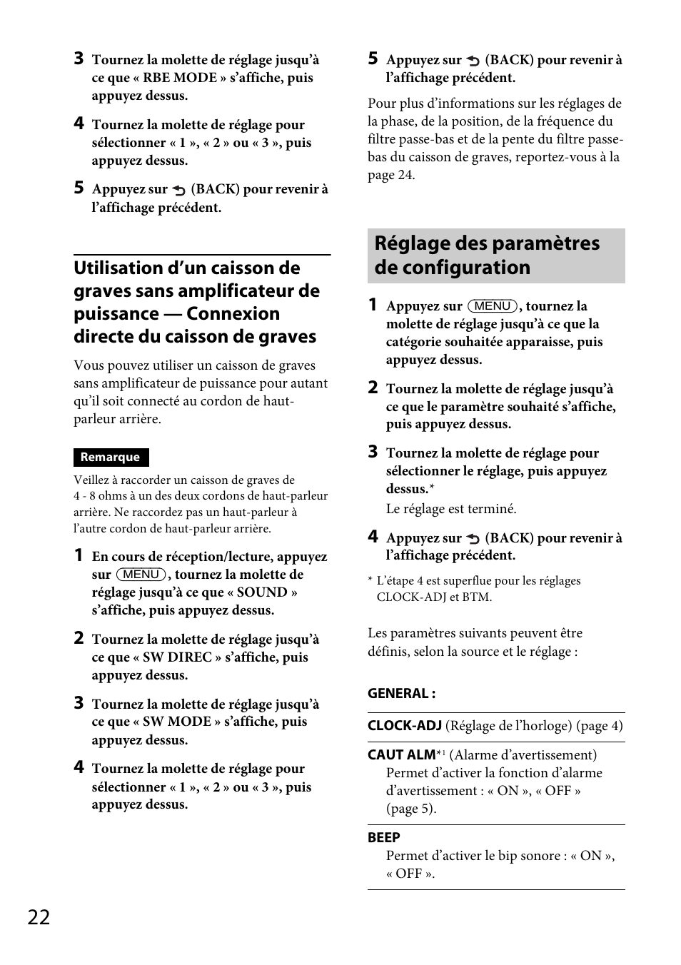 Réglage des paramètres de configuration | Sony CDX-GS500R User Manual | Page 84 / 160