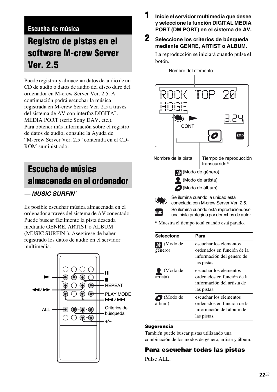 Escucha de música, Escucha de música almacenada en el ordenador, Music surfin | Registro de pistas en el software m-crew, Server ver. 2.5, Escucha de música almacenada en el, Ordenador — music surfin | Sony TDM-NC1 User Manual | Page 106 / 467
