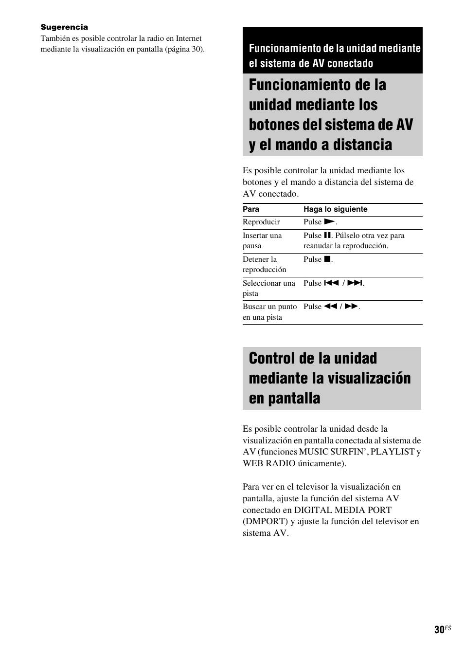 Funcionamiento de la unidad mediante los, Botones del sistema de av y el mando a distancia, Control de la unidad mediante la | Visualización en pantalla | Sony TDM-NC1 User Manual | Page 114 / 467