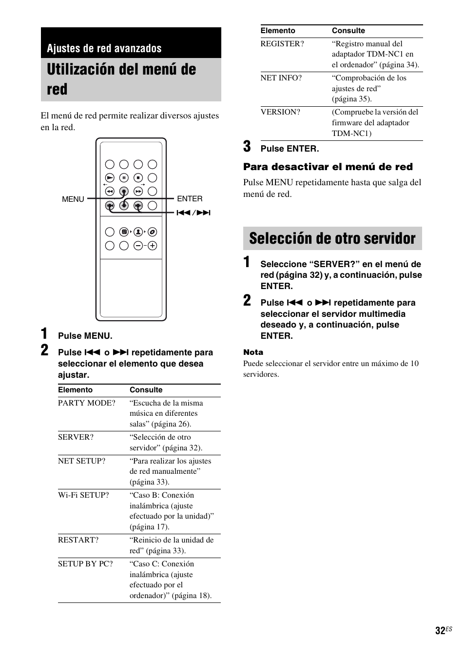 Ajustes de red avanzados, Utilización del menú de red, Selección de otro servidor | Sony TDM-NC1 User Manual | Page 116 / 467