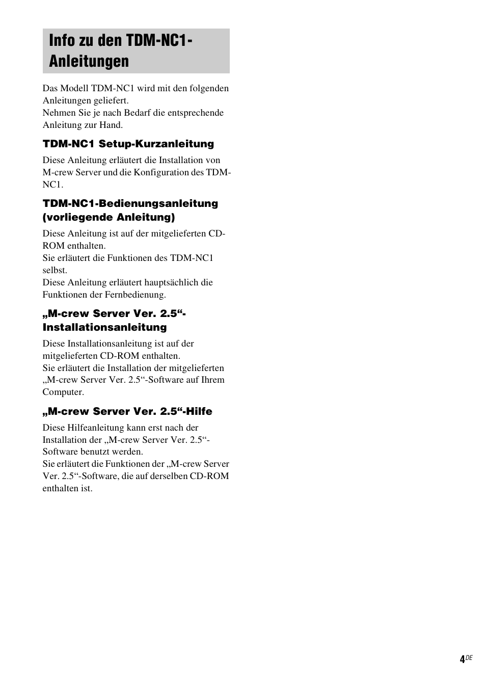 Info zu den tdm-nc1- anleitungen, Info zu den tdm-nc1-anleitungen | Sony TDM-NC1 User Manual | Page 132 / 467