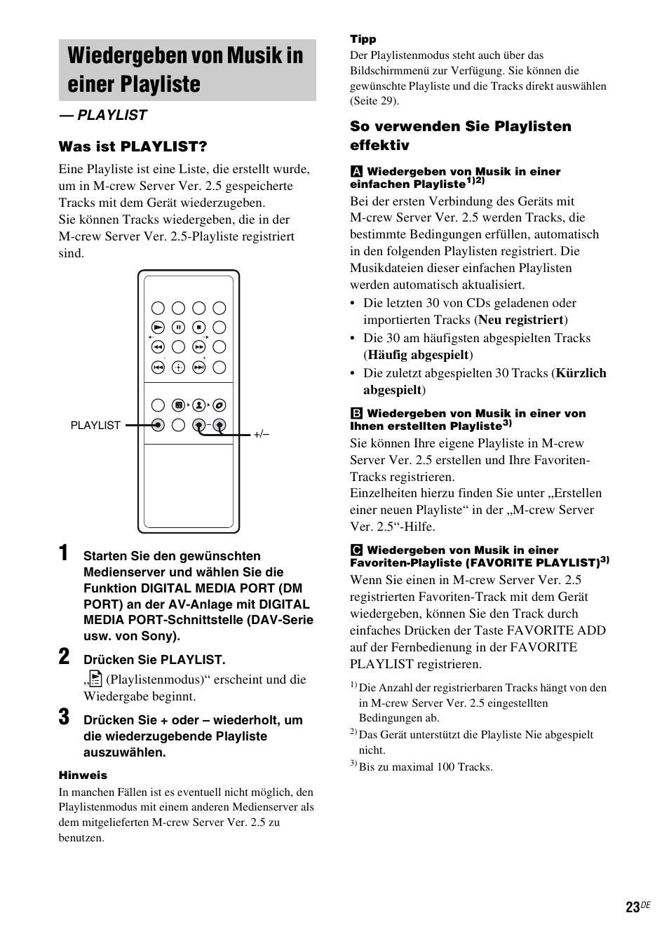 Wiedergeben von musik in einer playliste, Playlist, Wiedergeben von musik in einer | Playliste — playlist, Seite 23) | Sony TDM-NC1 User Manual | Page 151 / 467