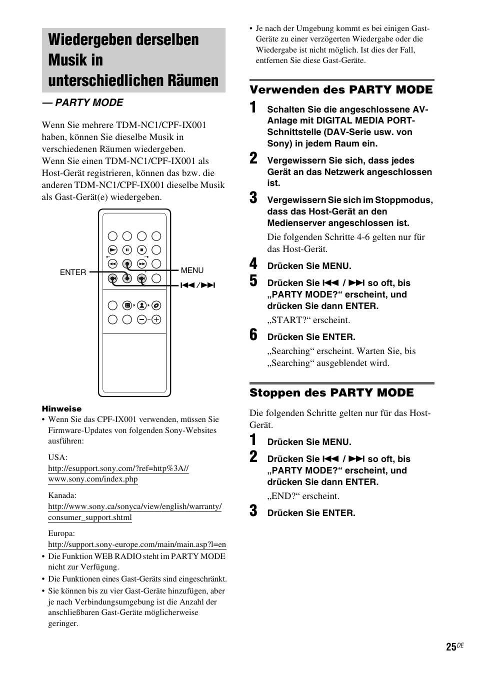Party mode, Wiedergeben derselben musik in, Unterschiedlichen räumen — party mode | Seite 25 | Sony TDM-NC1 User Manual | Page 153 / 467