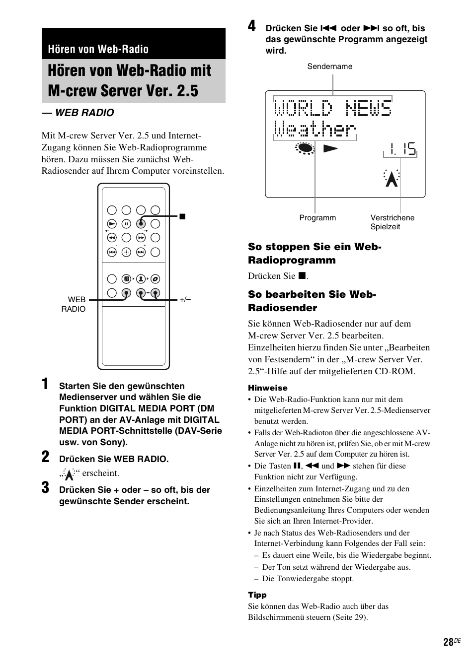 Hören von web-radio, Hören von web-radio mit m-crew server ver. 2.5, Web radio | Hören von web-radio mit m-crew server, Ver. 2.5 — web radio, N (seite 28) | Sony TDM-NC1 User Manual | Page 156 / 467