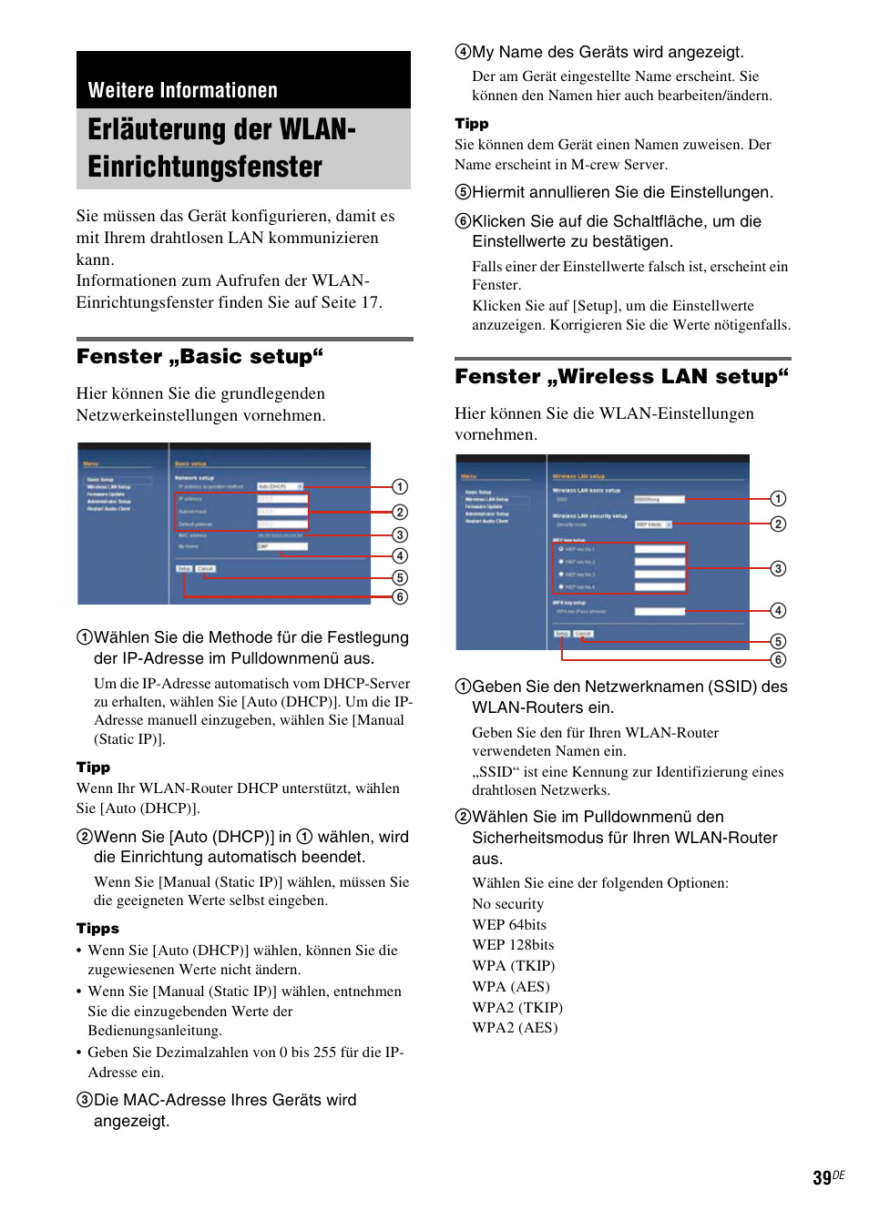 Weitere informationen, Erläuterung der wlan-einrichtungsfenster, Erläuterung der wlan | Einrichtungsfenster, Erläuterung der wlan- einrichtungsfenster, Fenster „basic setup, Fenster „wireless lan setup | Sony TDM-NC1 User Manual | Page 167 / 467