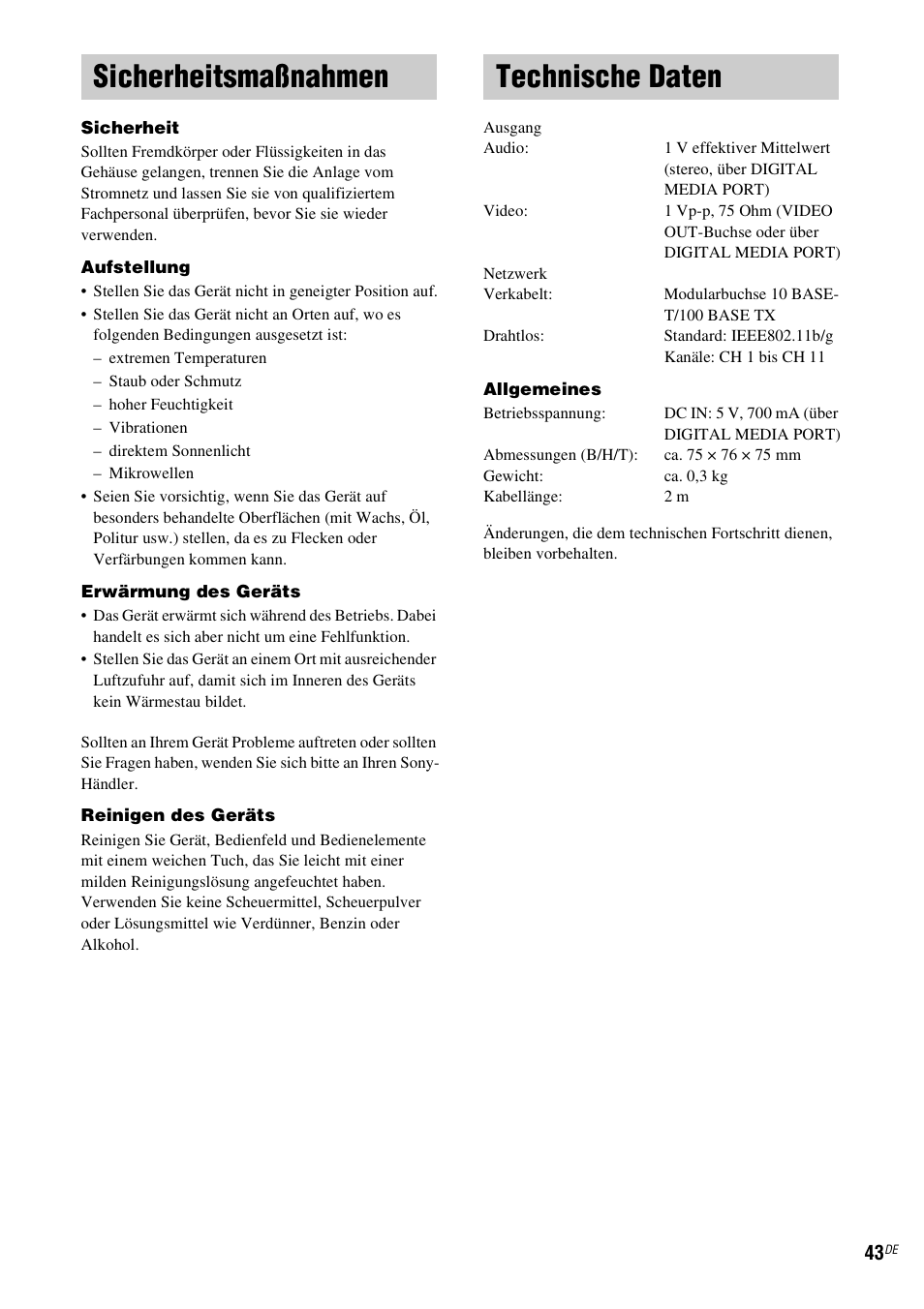 Sicherheitsmaßnahmen, Technische daten, Sicherheitsmaßnahmen technische daten | Sony TDM-NC1 User Manual | Page 171 / 467