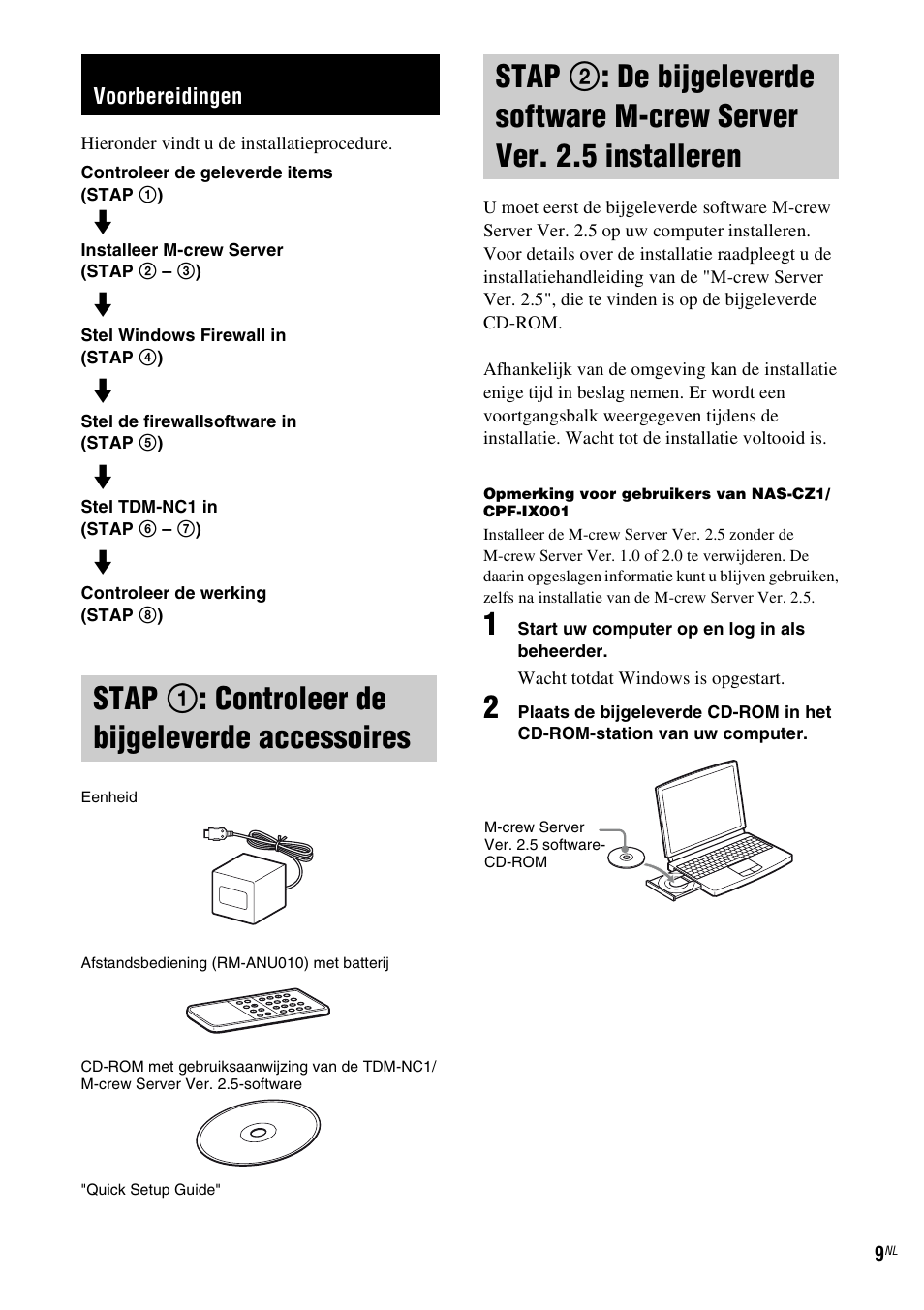 Voorbereidingen, Stap 1: controleer de bijgeleverde accessoires, Stap 1: controleer de bijgeleverde | Accessoires, Stap 2: de bijgeleverde software, M-crew server ver. 2.5 installeren, Stap 1 : controleer de bijgeleverde accessoires | Sony TDM-NC1 User Manual | Page 181 / 467