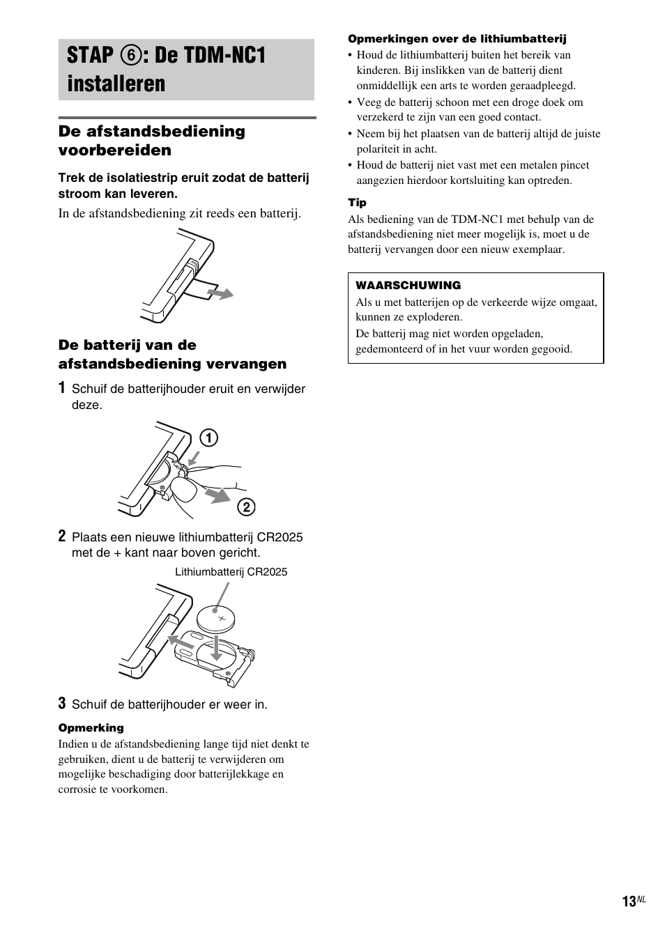 Stap 6: de tdm-nc1 installeren, Stap 6 : de tdm-nc1 installeren, De afstandsbediening voorbereiden | Sony TDM-NC1 User Manual | Page 185 / 467