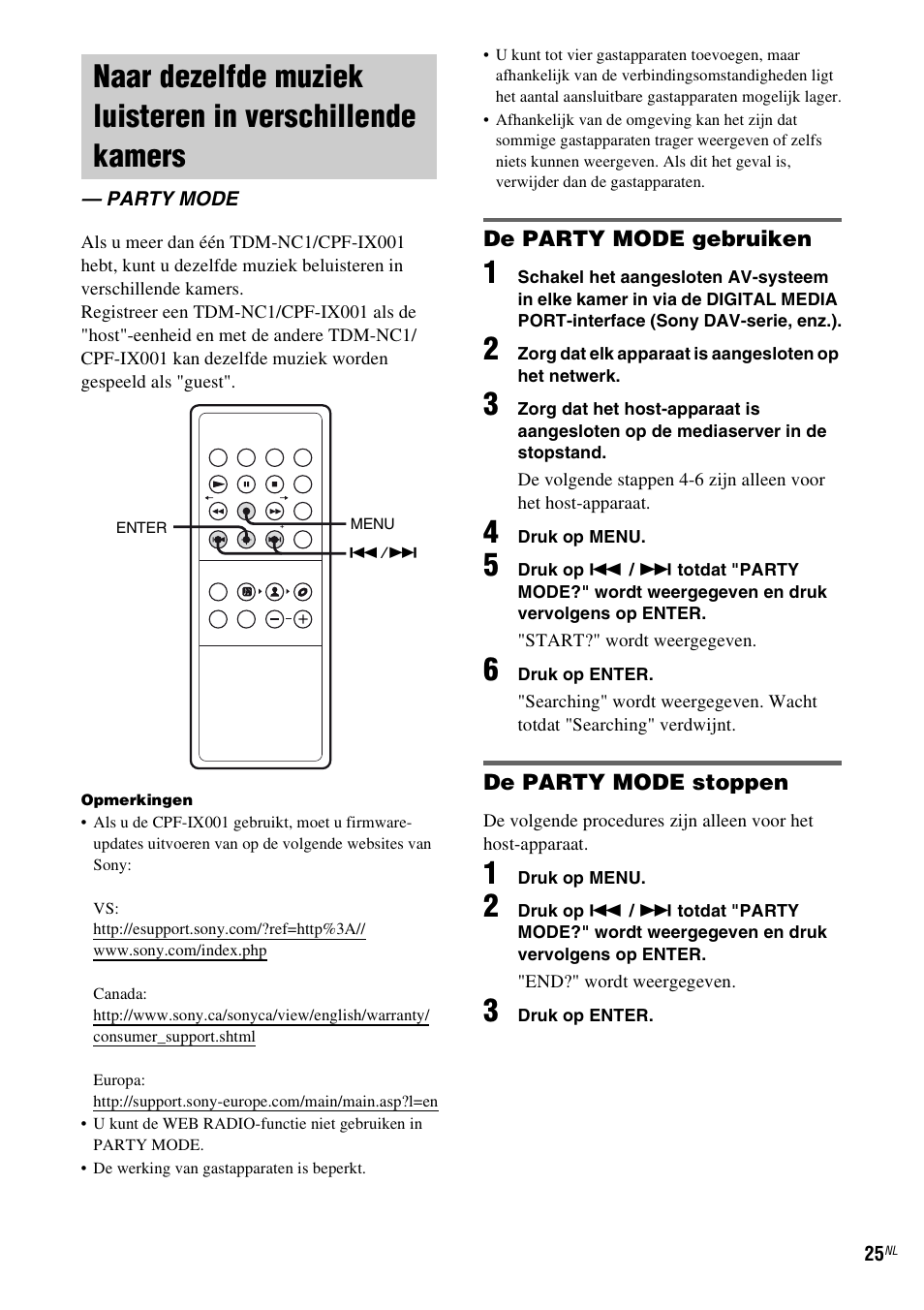 Party mode, Naar dezelfde muziek luisteren in, Verschillende kamers — party mode | Blz. 25 | Sony TDM-NC1 User Manual | Page 197 / 467