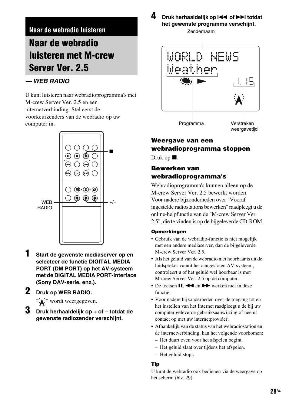 Naar de webradio luisteren, Web radio, Naar de webradio luisteren met m-crew | Server ver. 2.5 — web radio, Blz. 28) | Sony TDM-NC1 User Manual | Page 200 / 467