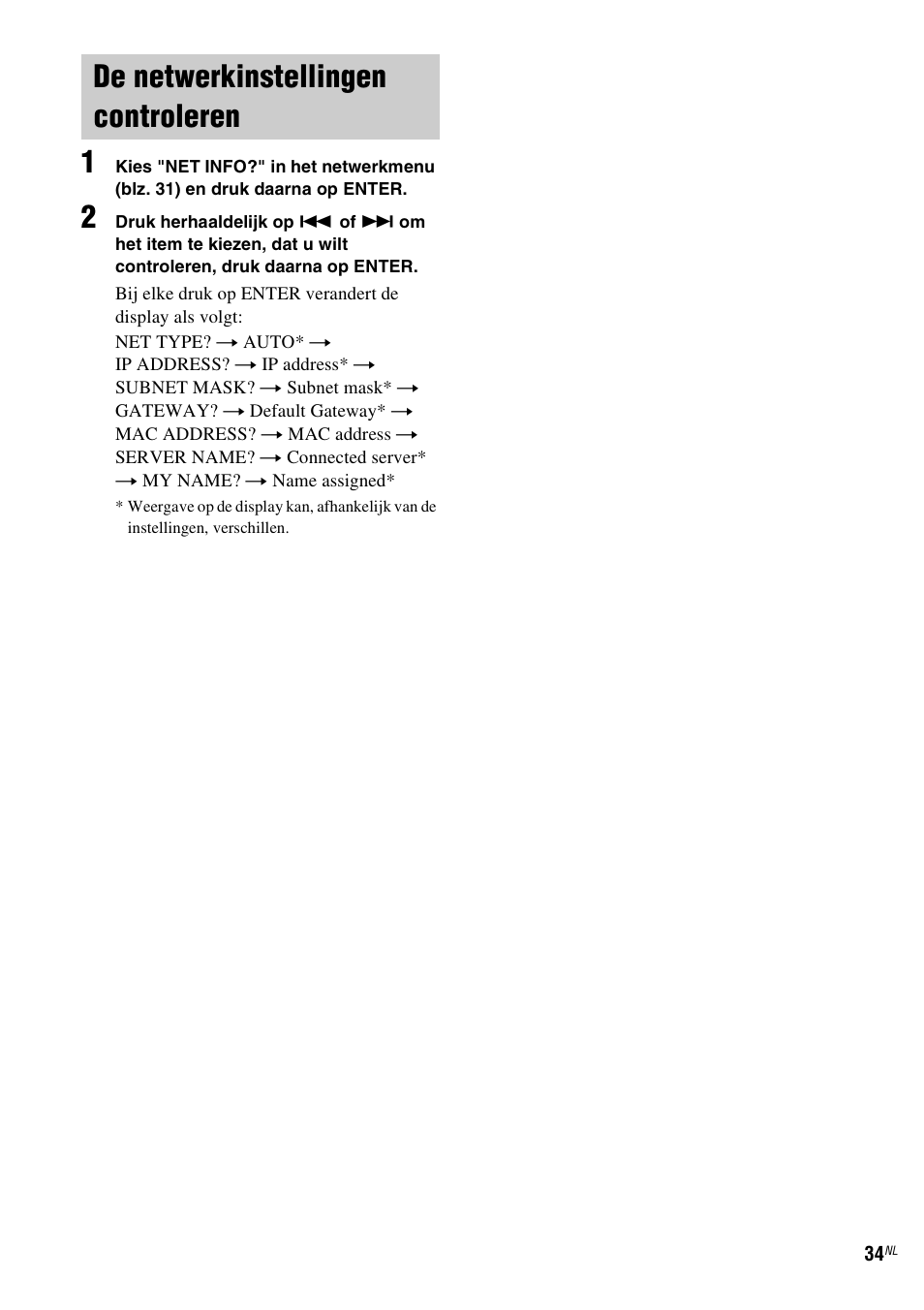 De netwerkinstellingen controleren, De netwerkinstellingen controleren" (blz. 34) | Sony TDM-NC1 User Manual | Page 206 / 467