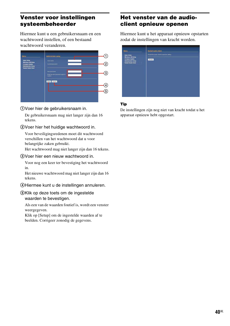 Venster voor instellingen systeembeheerder, Het venster van de audio- client opnieuw openen | Sony TDM-NC1 User Manual | Page 212 / 467