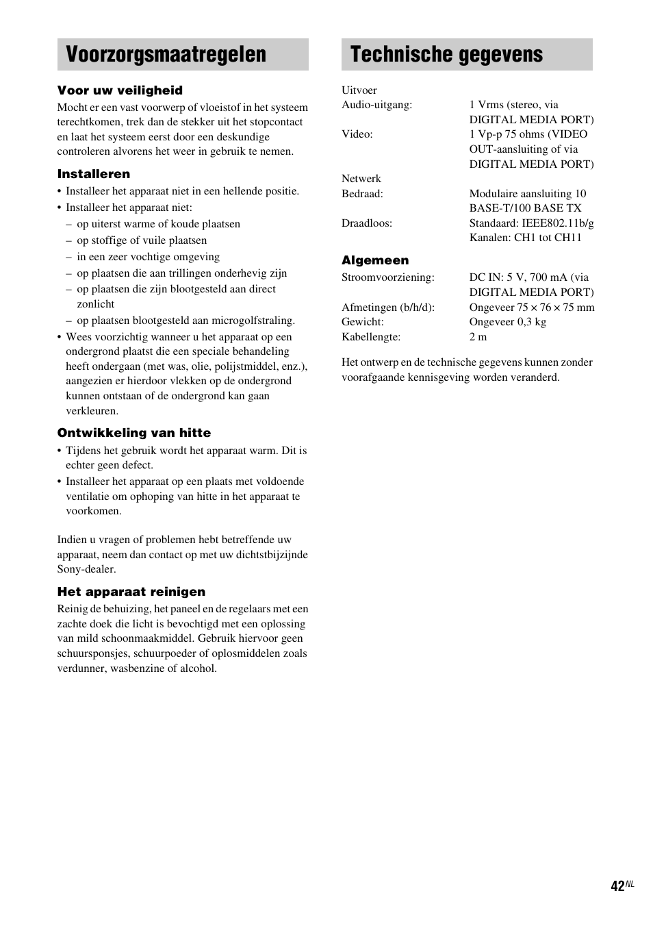 Voorzorgsmaatregelen, Technische gegevens, Voorzorgsmaatregelen technische gegevens | Sony TDM-NC1 User Manual | Page 214 / 467