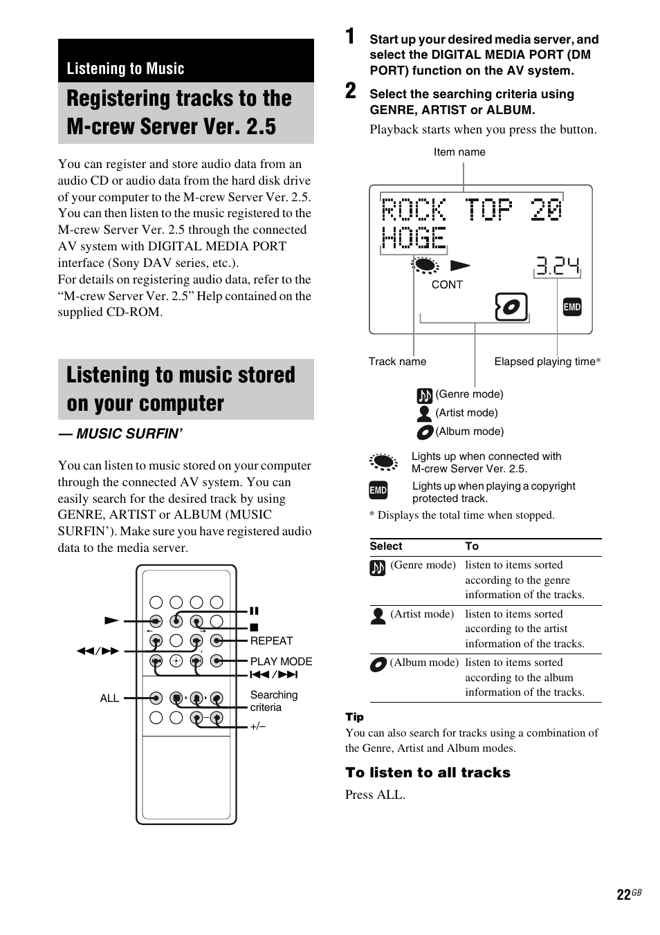 Listening to music, Registering tracks to the m-crew server ver. 2.5, Listening to music stored on your computer | Music surfin, Registering tracks to the m-crew server, Ver. 2.5, Listening to music stored on your, Computer — music surfin | Sony TDM-NC1 User Manual | Page 22 / 467