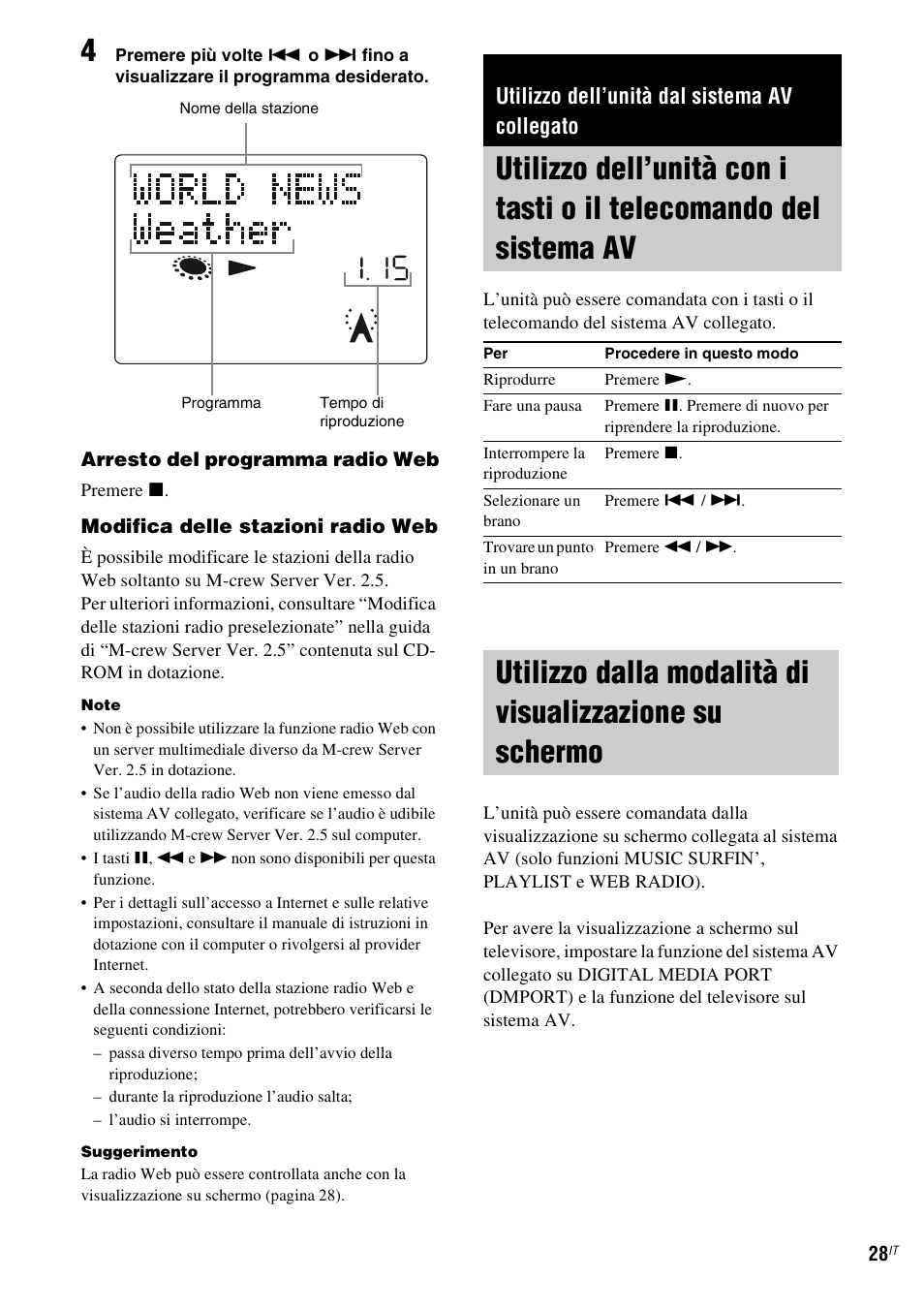 Utilizzo dell’unità dal sistema av collegato, Utilizzo dell’unità con i tasti o il, Telecomando del sistema av | Utilizzo dalla modalità di visualizzazione, Su schermo | Sony TDM-NC1 User Manual | Page 243 / 467