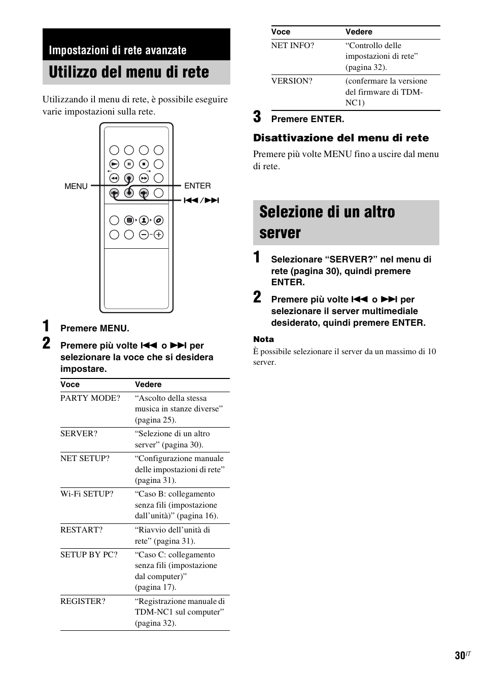 Impostazioni di rete avanzate, Utilizzo del menu di rete, Selezione di un altro server | Sony TDM-NC1 User Manual | Page 245 / 467