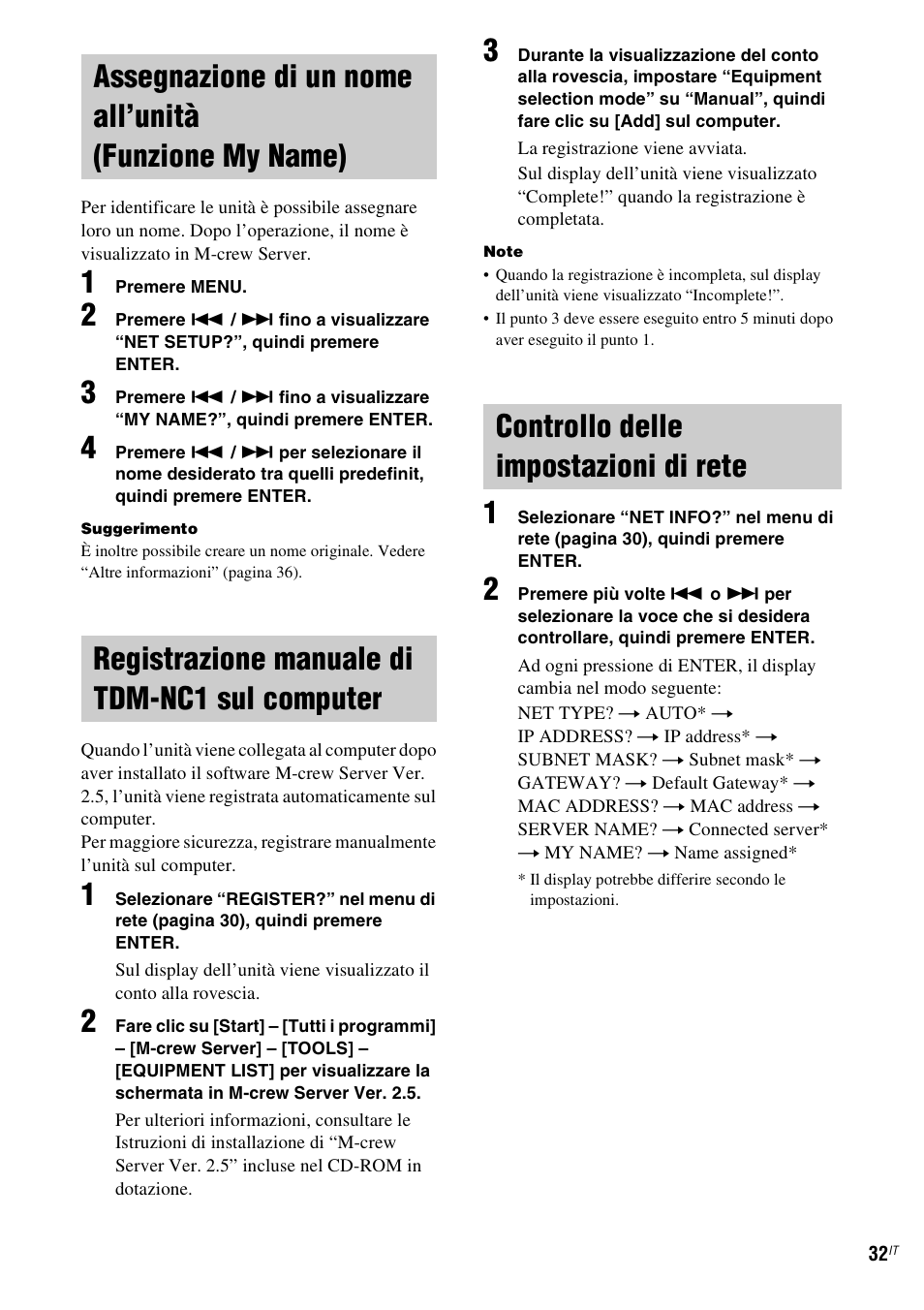 Registrazione manuale di tdm-nc1 sul computer, Controllo delle impostazioni di rete, Assegnazione di un nome all’unità | Funzione my name), Registrazione manuale di tdm-nc1 sul, Computer | Sony TDM-NC1 User Manual | Page 247 / 467
