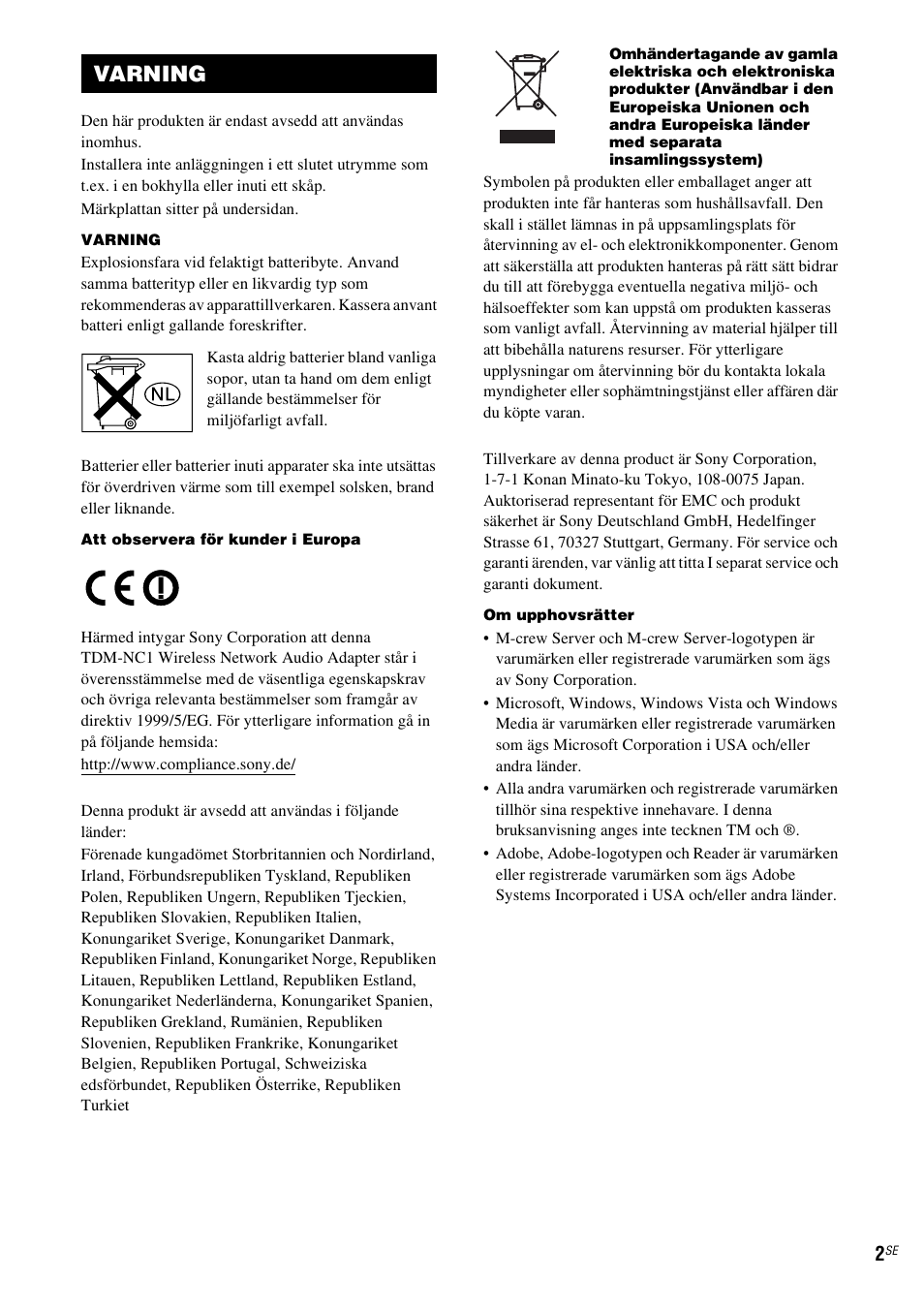 Varning | Sony TDM-NC1 User Manual | Page 258 / 467