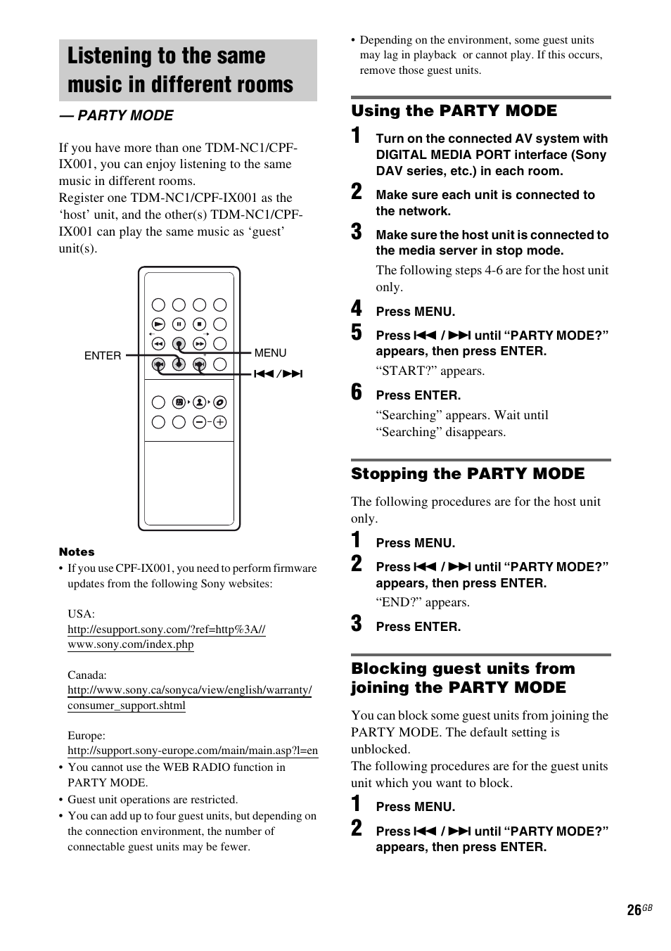 Listening to the same music in different rooms, Party mode, Listening to the same music in different | Rooms — party mode | Sony TDM-NC1 User Manual | Page 26 / 467