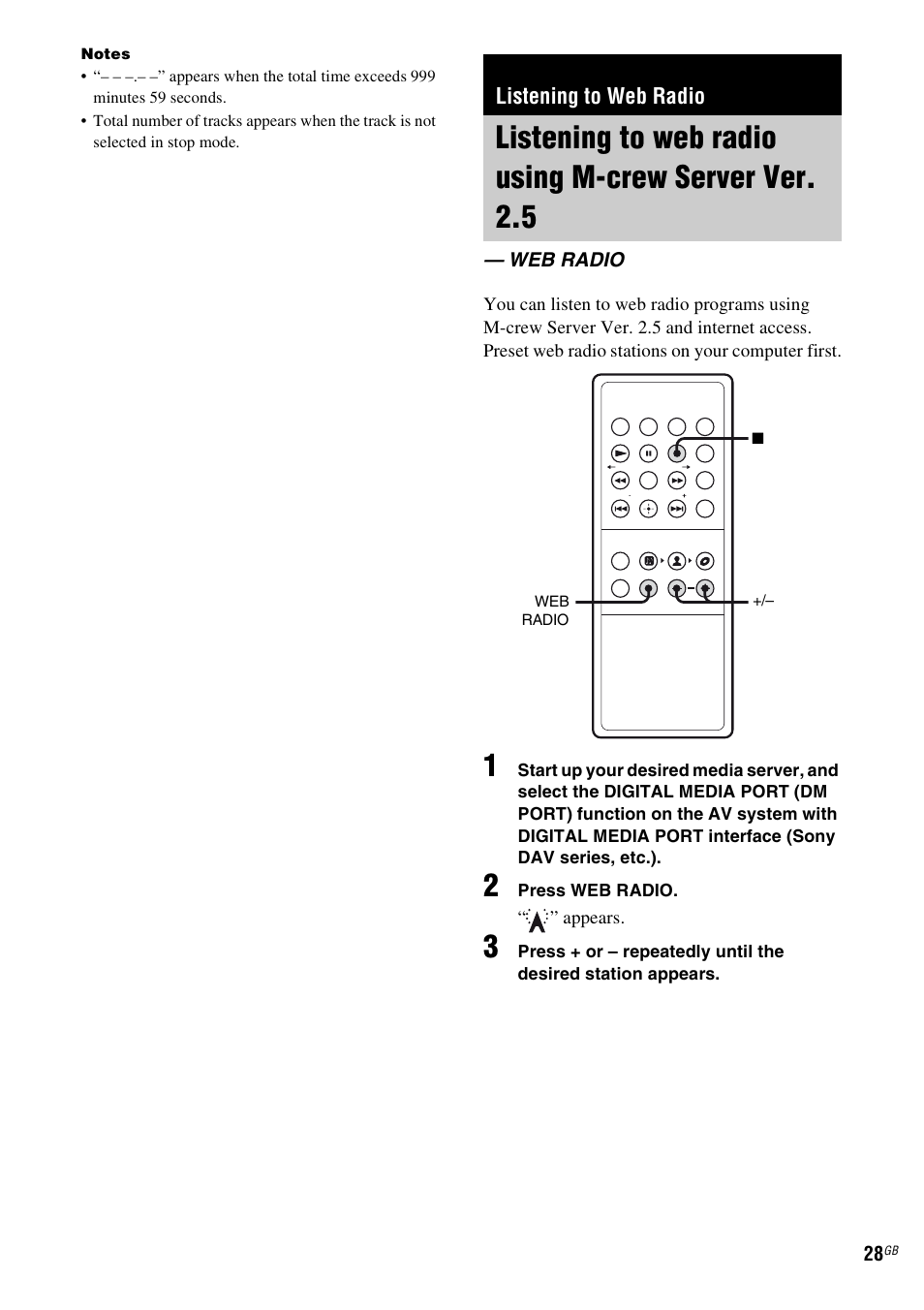 Listening to web radio, Web radio, Listening to web radio using m-crew | Server ver. 2.5 — web radio | Sony TDM-NC1 User Manual | Page 28 / 467