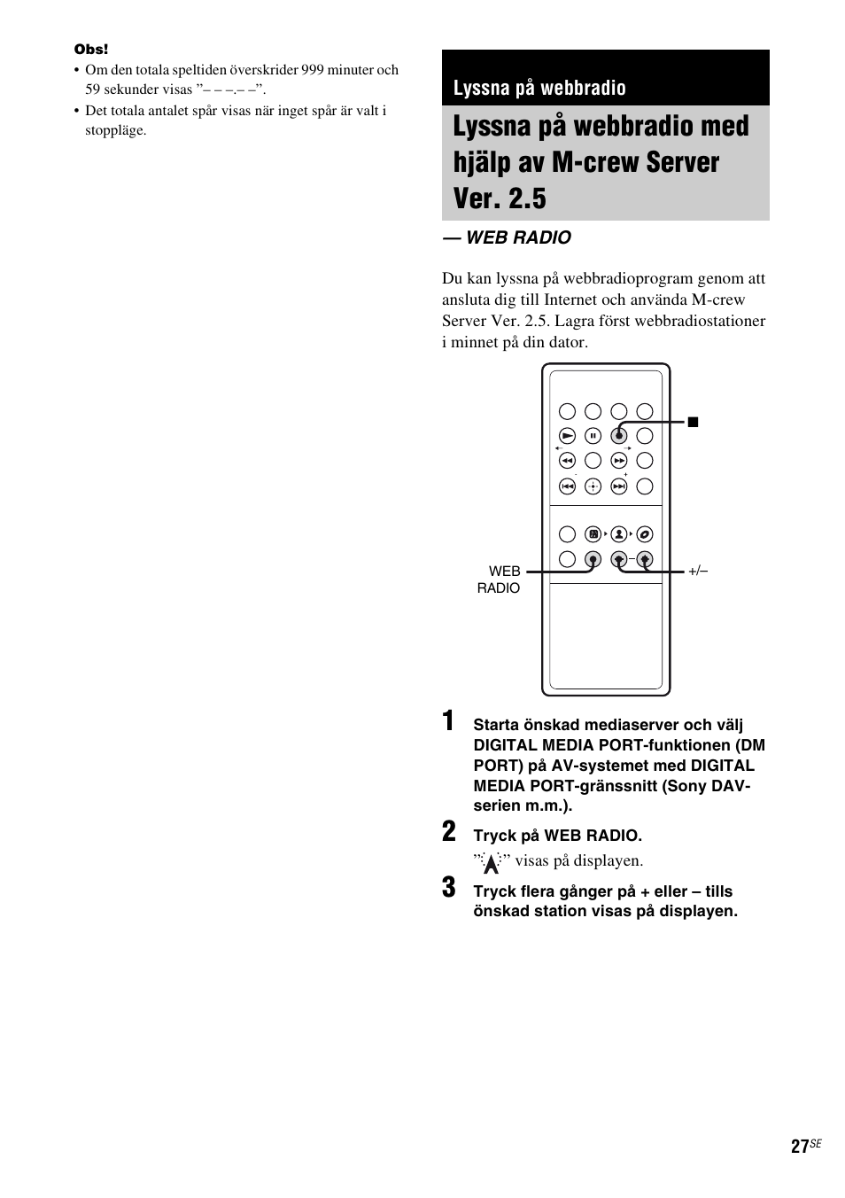 Lyssna på webbradio, Web radio, Lyssna på webbradio med hjälp av | M-crew server ver. 2.5 — web radio, Sid. 27) | Sony TDM-NC1 User Manual | Page 283 / 467