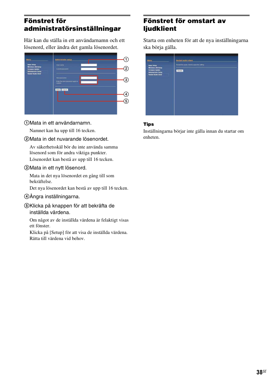 Fönstret för administratörsinställningar, Fönstret för omstart av ljudklient | Sony TDM-NC1 User Manual | Page 294 / 467