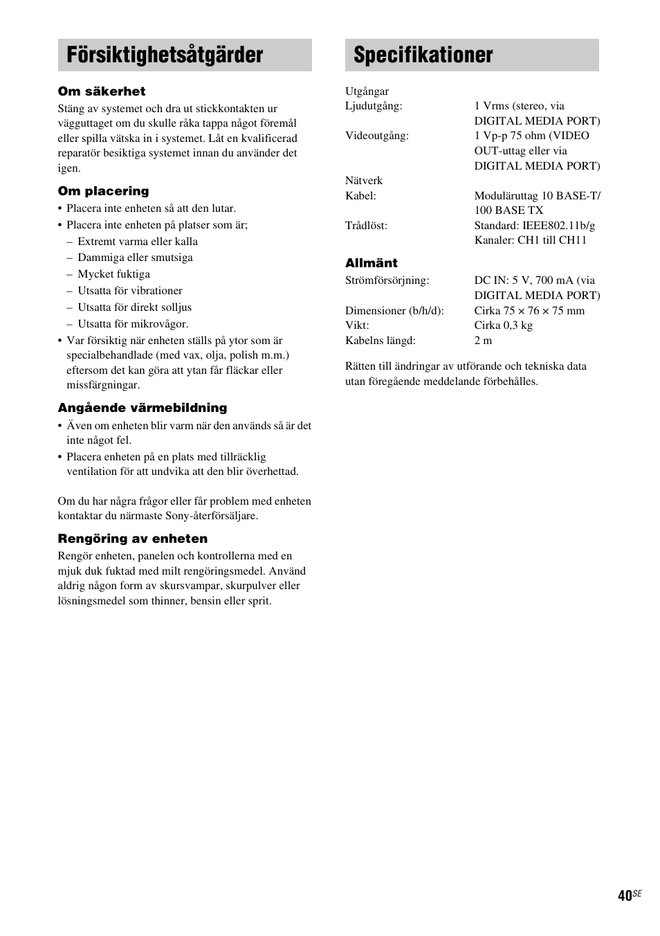 Försiktighetsåtgärder, Specifikationer, Försiktighetsåtgärder specifikationer | Sony TDM-NC1 User Manual | Page 296 / 467