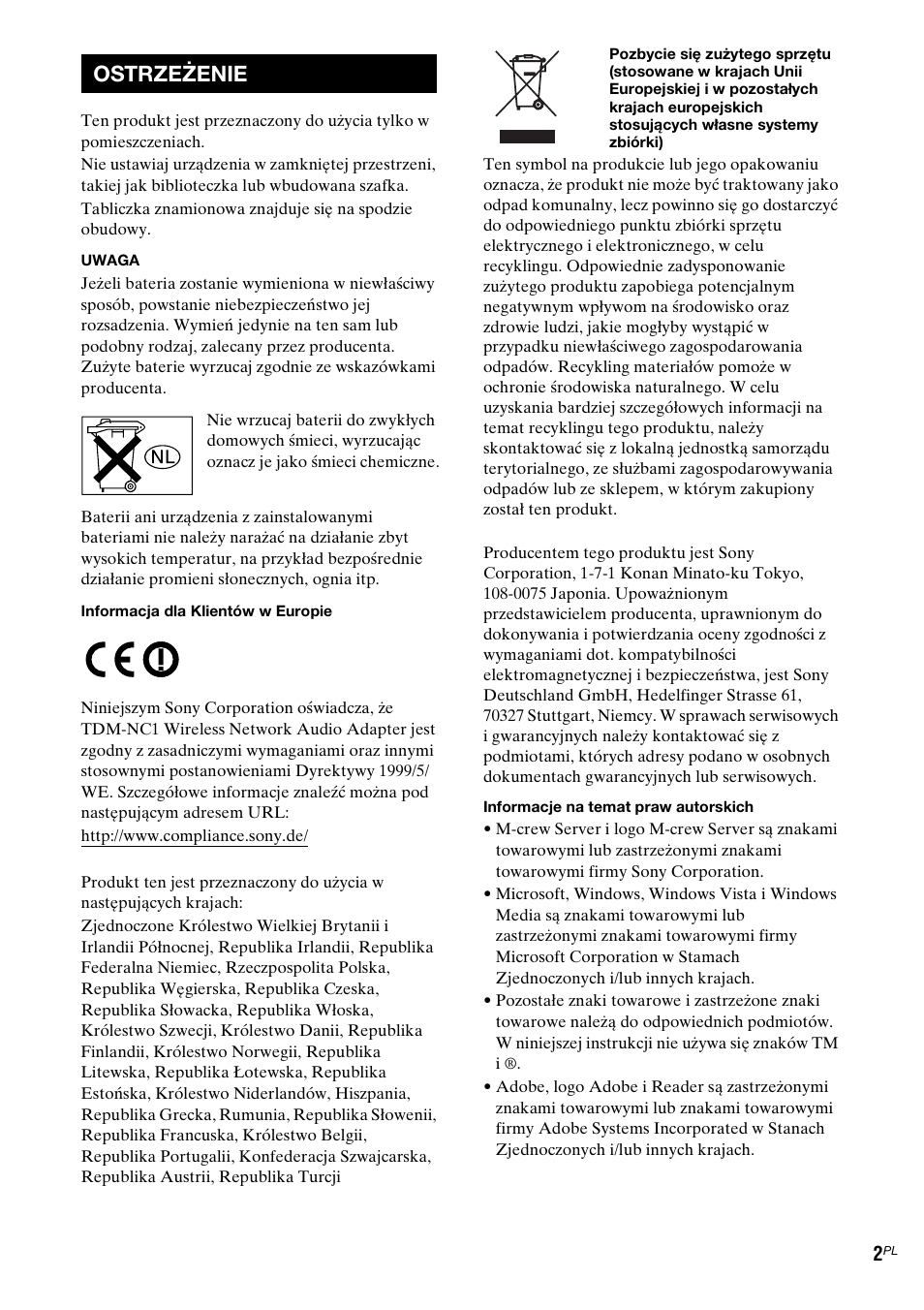 Ostrzeżenie | Sony TDM-NC1 User Manual | Page 299 / 467