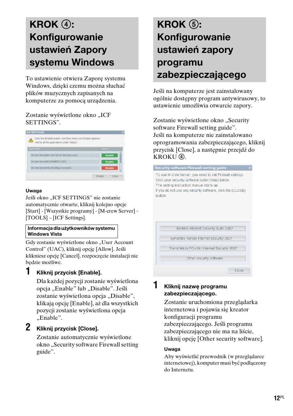 Krok 4: konfigurowanie ustawień, Zapory systemu windows, Krok 5: konfigurowanie ustawień | Zapory programu zabezpieczającego | Sony TDM-NC1 User Manual | Page 309 / 467