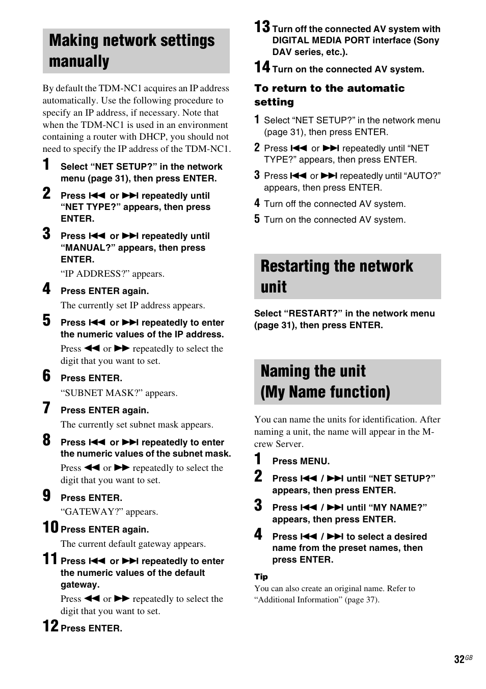 Making network settings manually, Restarting the network unit, Naming the unit (my name function) | My name function) | Sony TDM-NC1 User Manual | Page 32 / 467