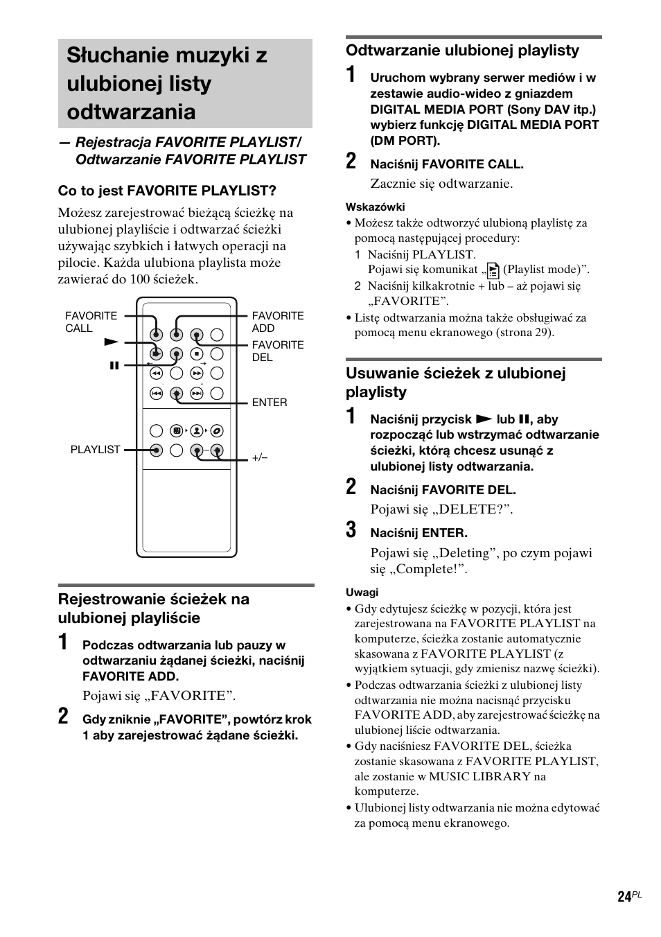 Słuchanie muzyki z ulubionej listy odtwarzania, Słuchanie muzyki z ulubionej listy | Sony TDM-NC1 User Manual | Page 321 / 467