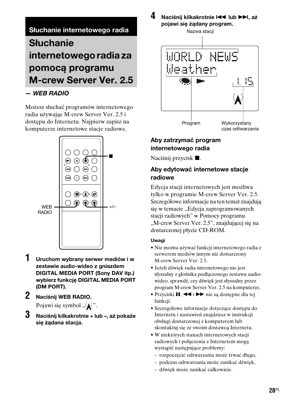 Słuchanie internetowego radia, Web radio, Słuchanie internetowego radia za | Pomocą programu m-crew server ver. 2.5 — web radio | Sony TDM-NC1 User Manual | Page 325 / 467