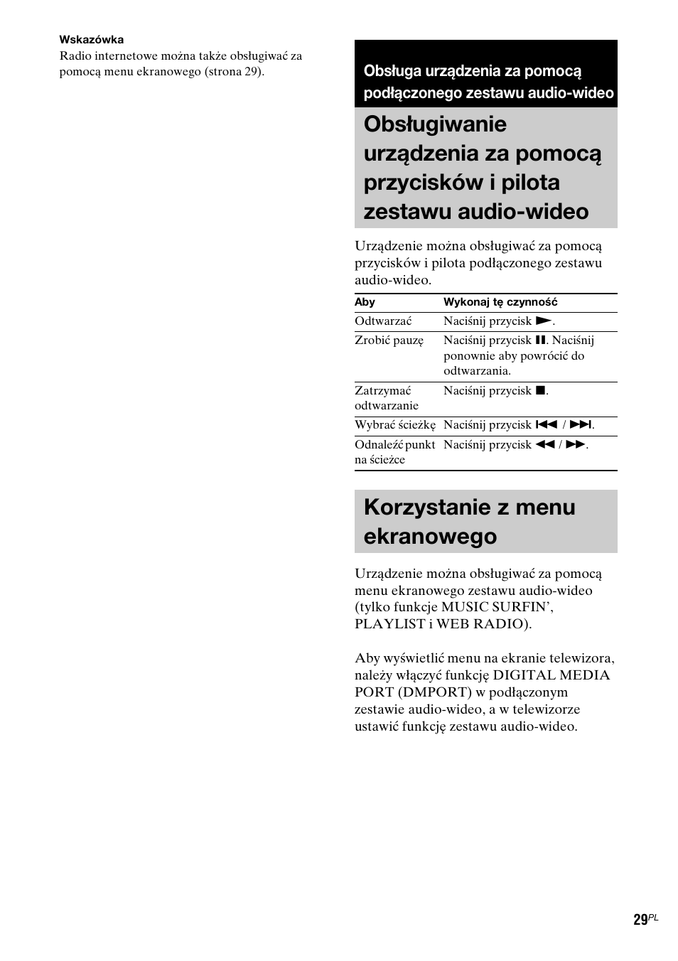 Korzystanie z menu ekranowego, Obsługiwanie urządzenia za pomocą, Przycisków i pilota zestawu audio- wideo | Sony TDM-NC1 User Manual | Page 326 / 467