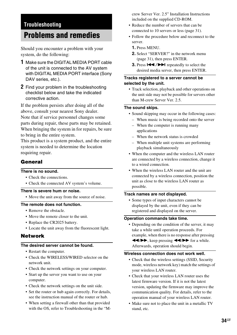 Troubleshooting, Problems and remedies | Sony TDM-NC1 User Manual | Page 34 / 467