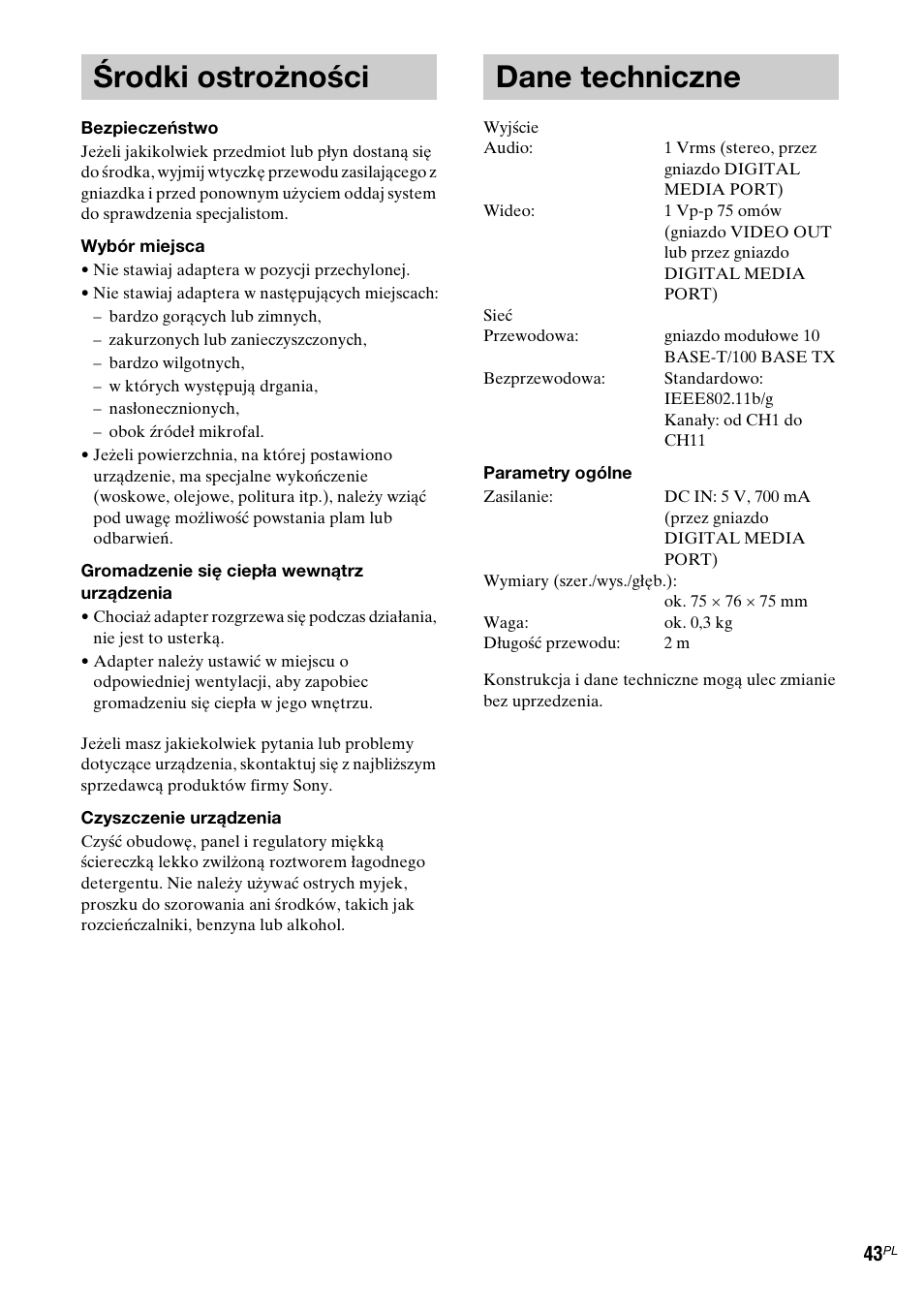Środki ostrożności, Dane techniczne, Środki ostrożności dane techniczne | Sony TDM-NC1 User Manual | Page 340 / 467
