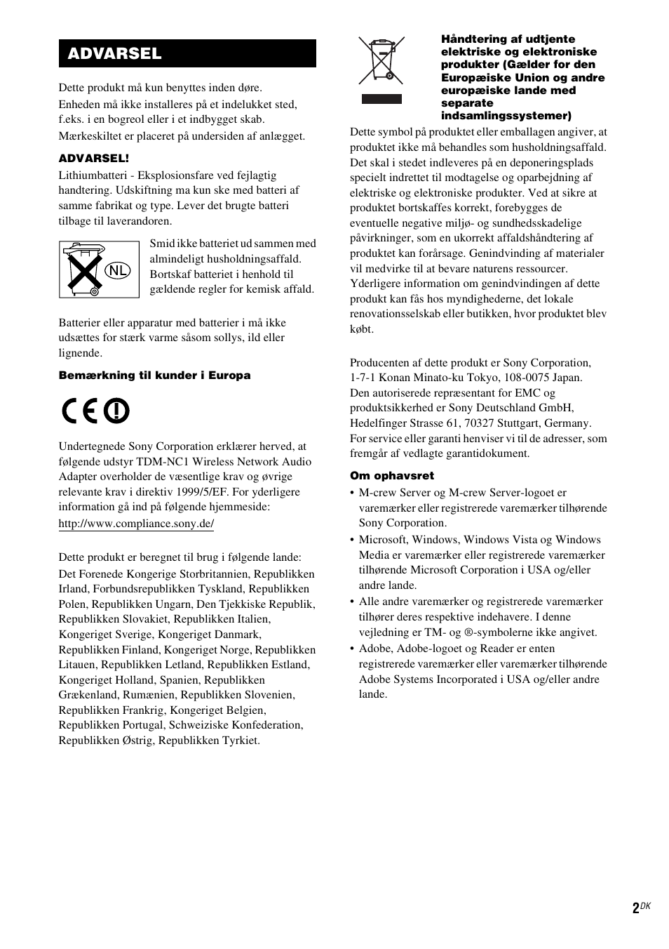 Advarsel | Sony TDM-NC1 User Manual | Page 343 / 467