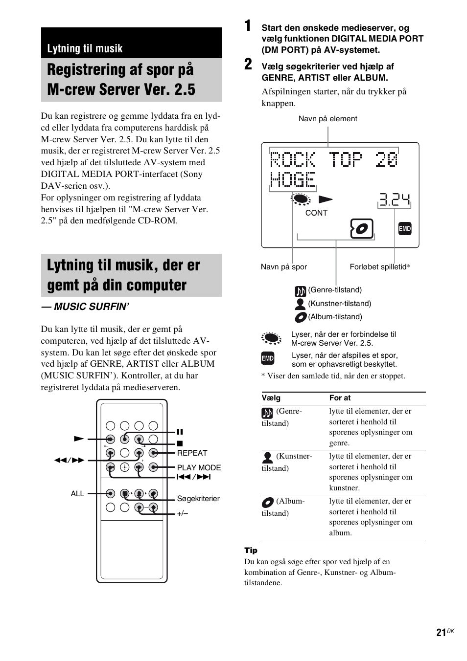 Lytning til musik, Registrering af spor på m-crew server ver. 2.5, Lytning til musik, der er gemt på din computer | Music surfin, Registrering af spor på m-crew server, Ver. 2.5, Lytning til musik, der er gemt på din, Computer — music surfin, Side 21) | Sony TDM-NC1 User Manual | Page 362 / 467