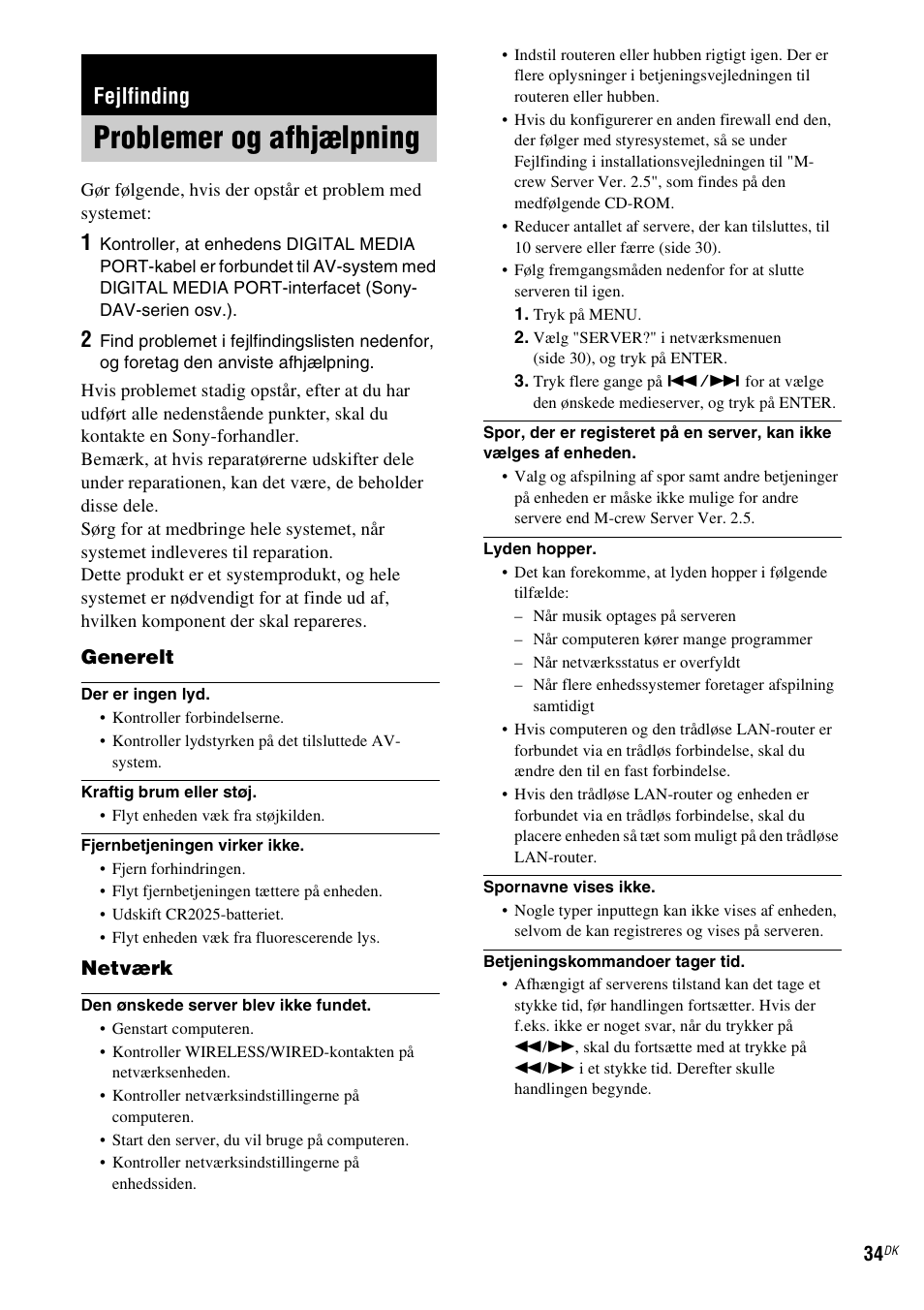 Fejlfinding, Problemer og afhjælpning | Sony TDM-NC1 User Manual | Page 375 / 467