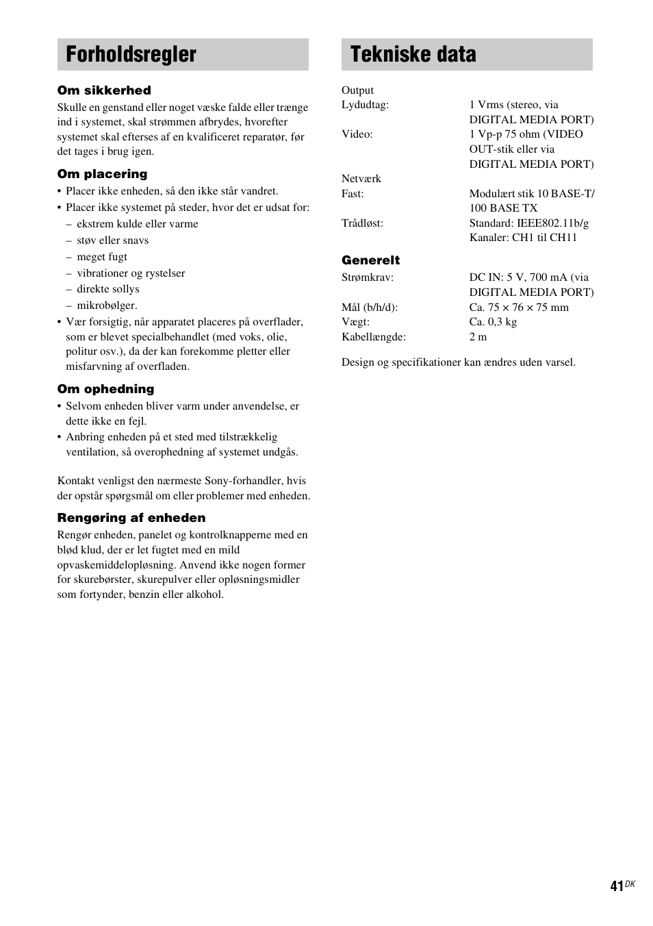 Forholdsregler, Tekniske data, Forholdsregler tekniske data | Sony TDM-NC1 User Manual | Page 382 / 467