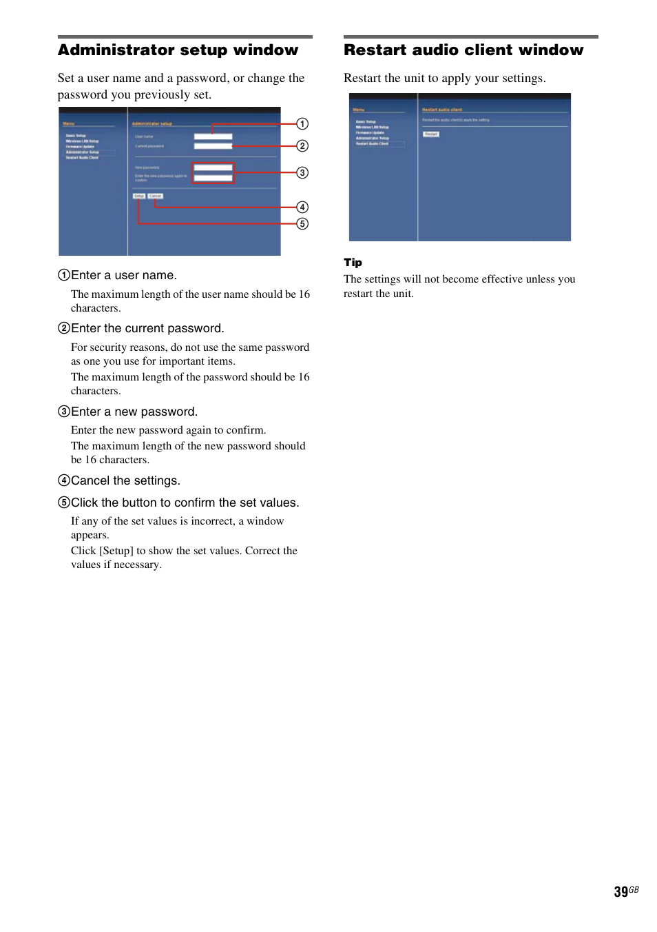 Administrator setup window, Restart audio client window | Sony TDM-NC1 User Manual | Page 39 / 467