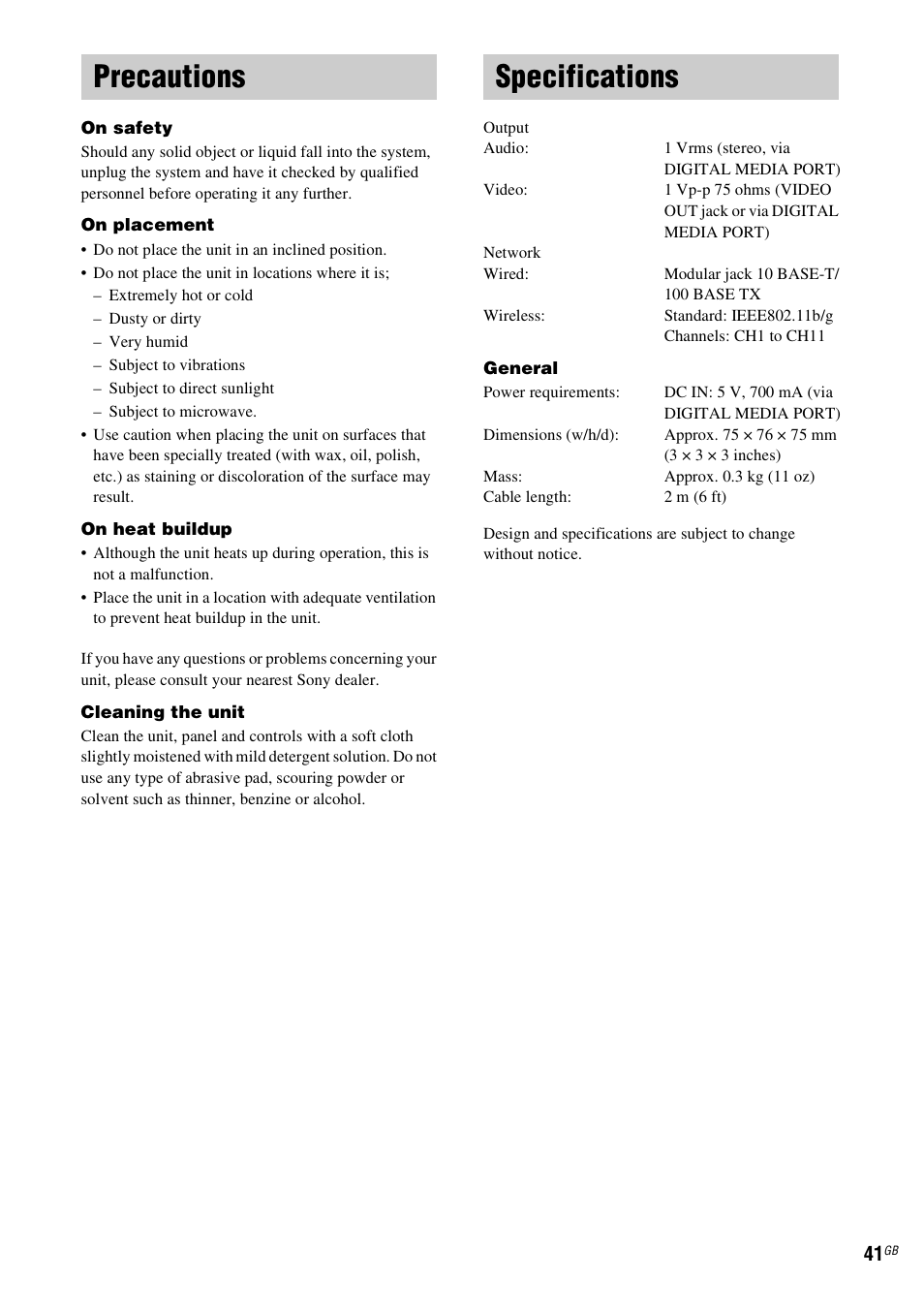 Precautions, Specifications, Precautions specifications | Sony TDM-NC1 User Manual | Page 41 / 467
