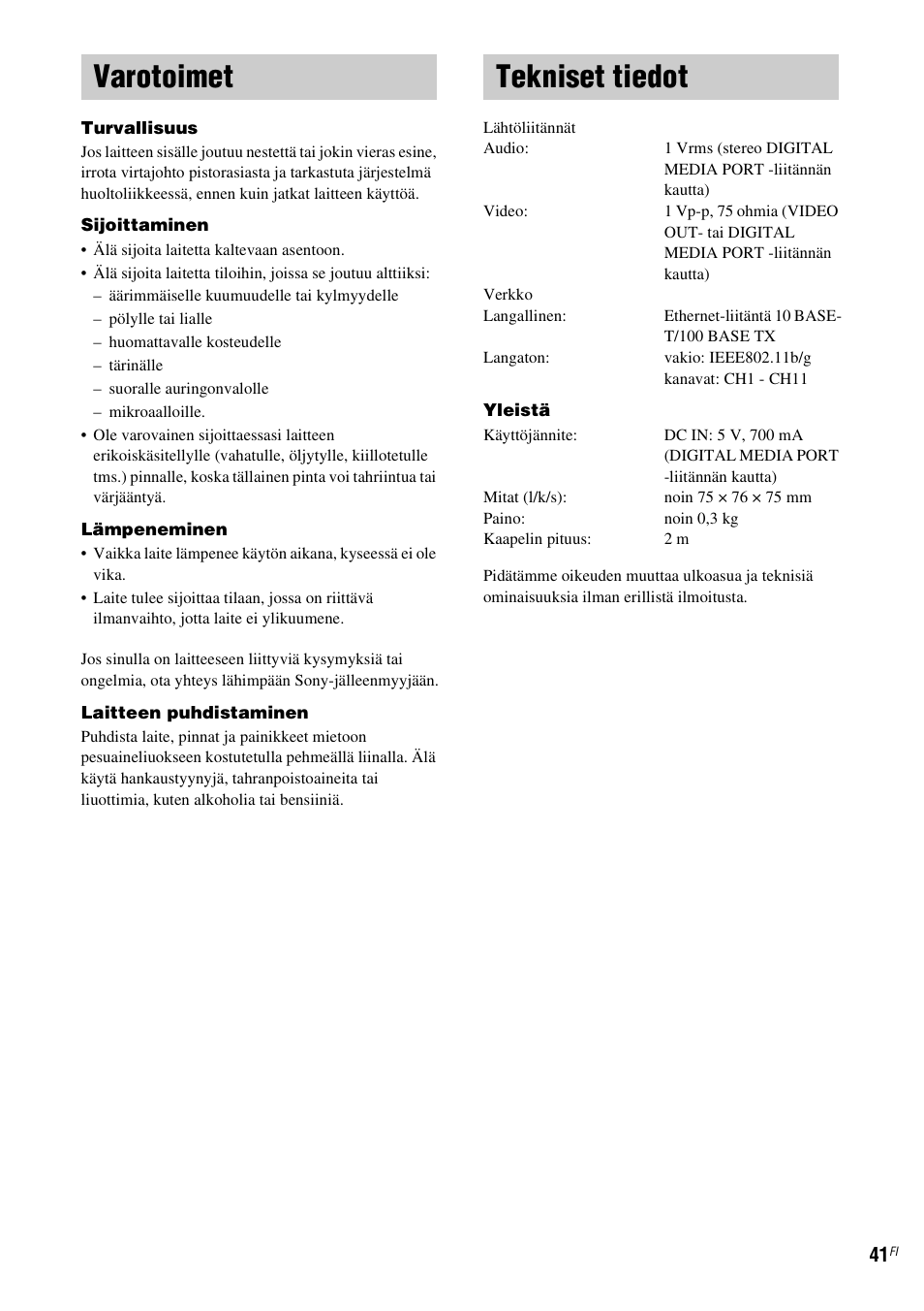 Varotoimet, Tekniset tiedot, Varotoimet tekniset tiedot | Sony TDM-NC1 User Manual | Page 424 / 467