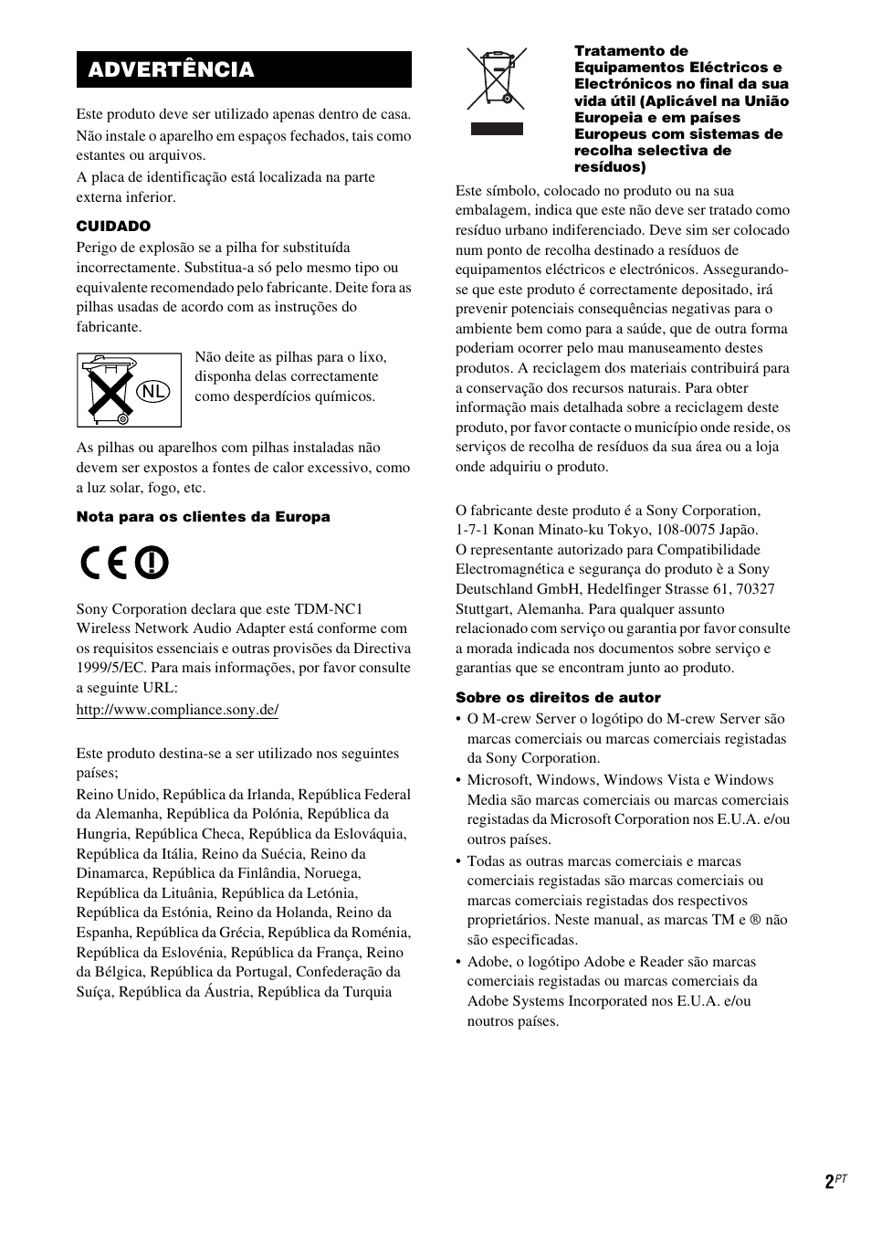 Advertência | Sony TDM-NC1 User Manual | Page 427 / 467