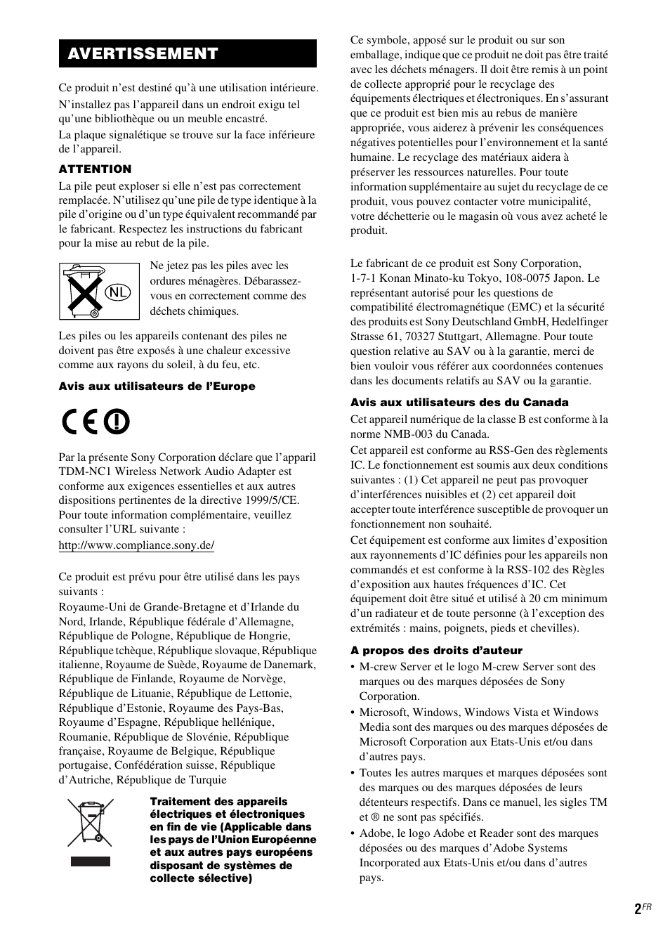 Avertissement | Sony TDM-NC1 User Manual | Page 44 / 467