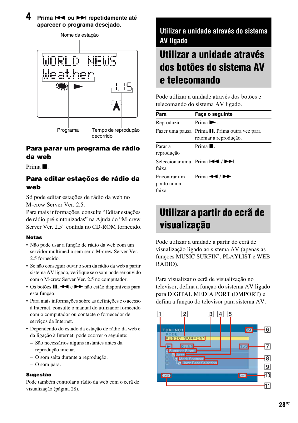 Utilizar a unidade através do sistema av ligado, Utilizar a partir do ecrã de visualização, Utilizar a unidade através dos botões do | Sistema av e telecomando, Utilizar a partir do ecrã de, Visualização | Sony TDM-NC1 User Manual | Page 453 / 467